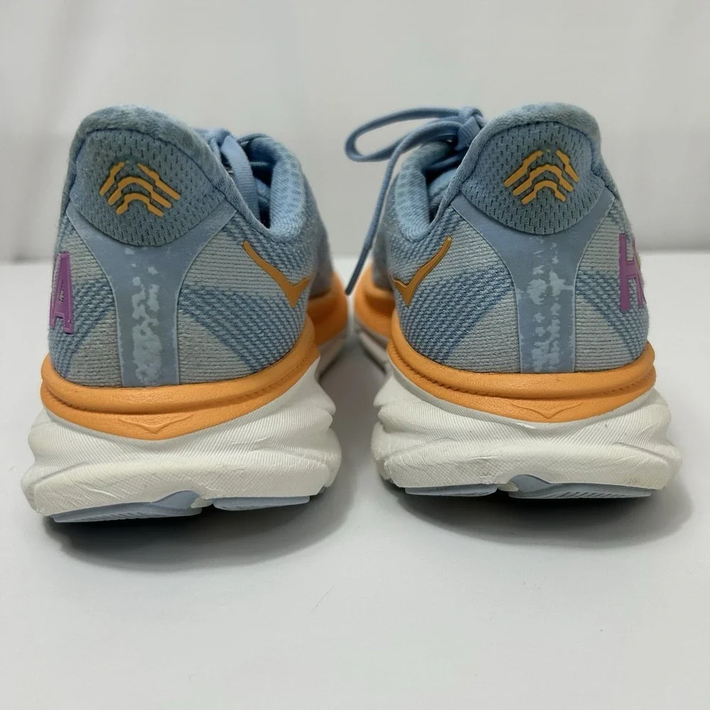 HOKA Clifton 9 Women's Running Shoes 7.5B Blue Orange Cushioned Road Trainers